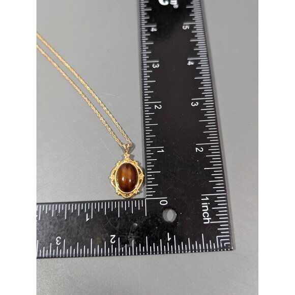 Vintage Avon Faux Tigers Eye Cabochon Pendant Necklace Gold Tone 18" - Picture 10 of 10